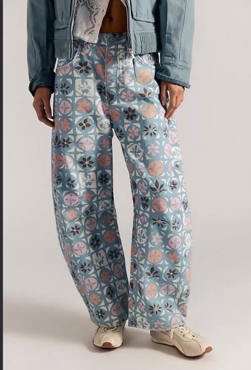 Free People Denim - Free People We The Free Good Luck Printed Barrel Jeans in Jade Combo - 27 NWT